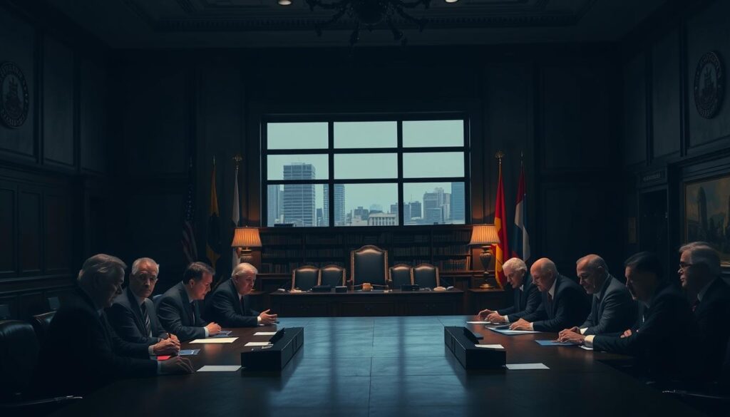 A dimly lit government office, the walls adorned with flags and official seals. In the foreground, a panel of somber-faced officials seated at a long table, engaged in a serious discussion. Subtle lighting casts dramatic shadows, conveying a sense of gravitas and solemnity. The middle ground features a backdrop of towering bookshelves and ornate furnishings, suggesting the weight of bureaucracy and legal precedent. In the background, a large window offers a glimpse of the bustling city outside, a reminder of the broader context and implications of the proceedings. The overall atmosphere is one of sober deliberation, as the representatives of the Ministry of Foreign Affairs and the Ministry of Law grapple with a sensitive and complex issue.