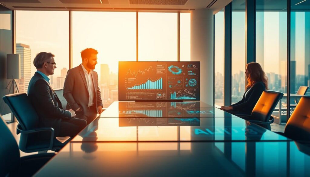 A modern corporate office setting showcasing the effective implementation of AI strategies in business. In the foreground, a diverse group of three professionals in business attire collaborates around a sleek, futuristic conference table with digital screens displaying graphs and AI data. The middle ground features a large digital screen with visual representations of AI algorithms and analytics. The background shows large windows with a cityscape view, bathed in warm sunlight, reflecting an atmosphere of innovation and productivity. Use soft, natural lighting to create a welcoming and inspiring mood. The camera angle is slightly elevated, capturing both the teamwork and the technological elements prominently. A modern corporate office setting showcasing the effective implementation of AI strategies in business. In the foreground, a diverse group of three professionals in business attire collaborates around a sleek, futuristic conference table with digital screens displaying graphs and AI data. The middle ground features a large digital screen with visual representations of AI algorithms and analytics. The background shows large windows with a cityscape view, bathed in warm sunlight, reflecting an atmosphere of innovation and productivity. Use soft, natural lighting to create a welcoming and inspiring mood. The camera angle is slightly elevated, capturing both the teamwork and the technological elements prominently.