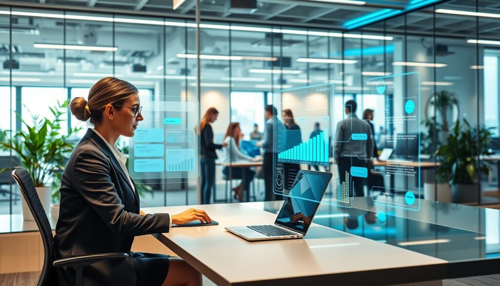 A modern office environment showcasing the implementation of AI in customer service. In the foreground, a professional woman in business attire sits at a sleek desk, interacting with a holographic AI interface displaying customer data and chat interactions. The middle ground features a diverse team of employees collaborating around a digital display that shows analytics and performance metrics. In the background, glass walls reveal a contemporary workspace with greenery and natural light streaming in, creating an inviting atmosphere. The scene captures a sense of innovation and efficiency, with cool blue and green lighting illuminating the space, emphasizing a futuristic yet professional ambiance. The camera angle is slightly elevated, giving a panoramic view of the busy office. A modern office environment showcasing the implementation of AI in customer service. In the foreground, a professional woman in business attire sits at a sleek desk, interacting with a holographic AI interface displaying customer data and chat interactions. The middle ground features a diverse team of employees collaborating around a digital display that shows analytics and performance metrics. In the background, glass walls reveal a contemporary workspace with greenery and natural light streaming in, creating an inviting atmosphere. The scene captures a sense of innovation and efficiency, with cool blue and green lighting illuminating the space, emphasizing a futuristic yet professional ambiance. The camera angle is slightly elevated, giving a panoramic view of the busy office.