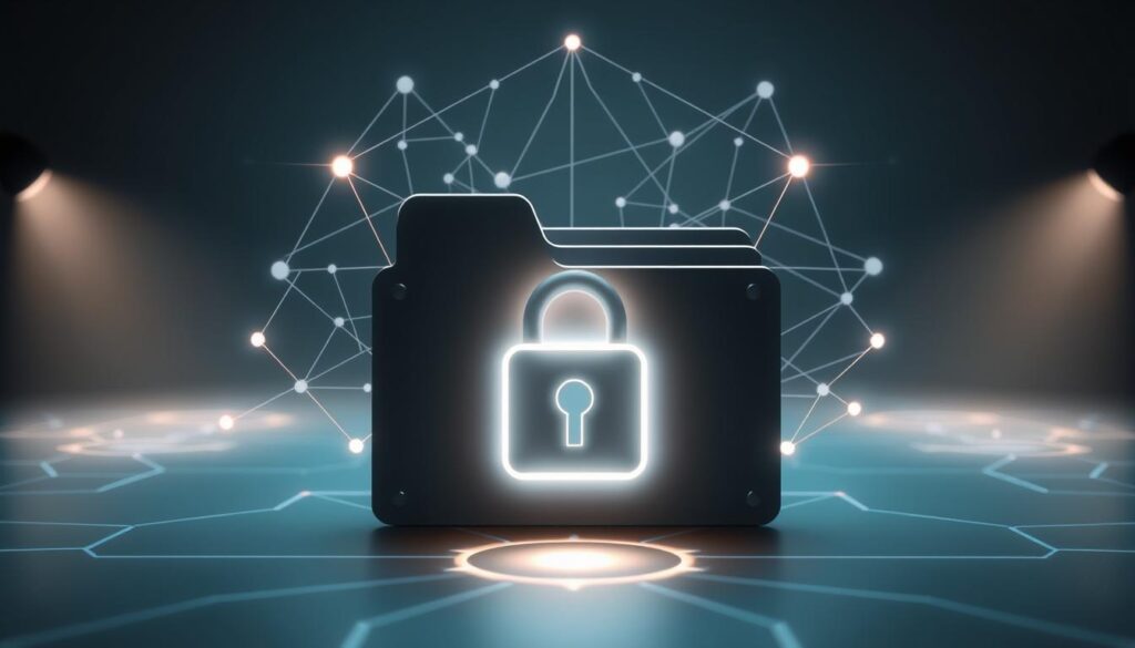 A secure digital strongbox, its contents protected by multiple layers of defense. In the foreground, a folder icon glows with an aura of mystique, its transparent surface hinting at the sensitive files within. Surrounding it, a network of geometric shapes and lines, reminiscent of a high-tech security system, pulses with an ethereal energy. In the background, a muted palette of blues and grays creates an atmosphere of quiet guardianship, while strategically placed lighting casts dramatic shadows, emphasizing the importance of this digital sanctuary. The overall scene conveys a sense of unwavering protection, a haven for the user's most sensitive information.