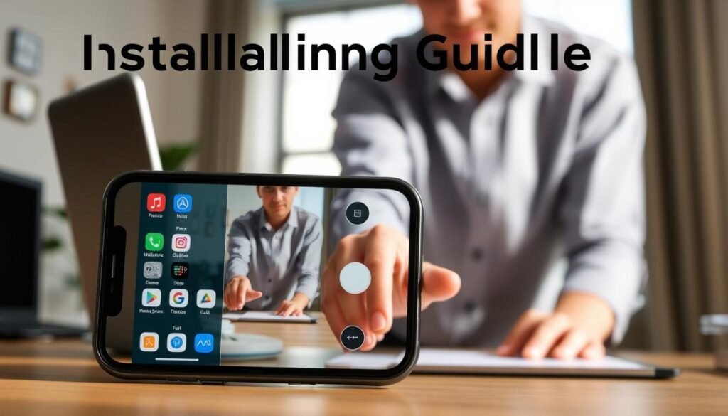 A well-organized installation guide for a camera app on an iPhone, presented visually with three clear layers. In the foreground, a modern iPhone 15 displaying the camera app interface, featuring vibrant colors and clear icons. In the middle ground, a professional user in modest casual clothing, gently tapping the screen, with a focus on their hand and the phone. The background shows a well-lit workspace with natural light coming through a window, casting soft shadows. The overall atmosphere is informative and engaging, emphasizing clarity and ease of use. The image captures a sense of guidance and professionalism, appealing to readers interested in tech installations.