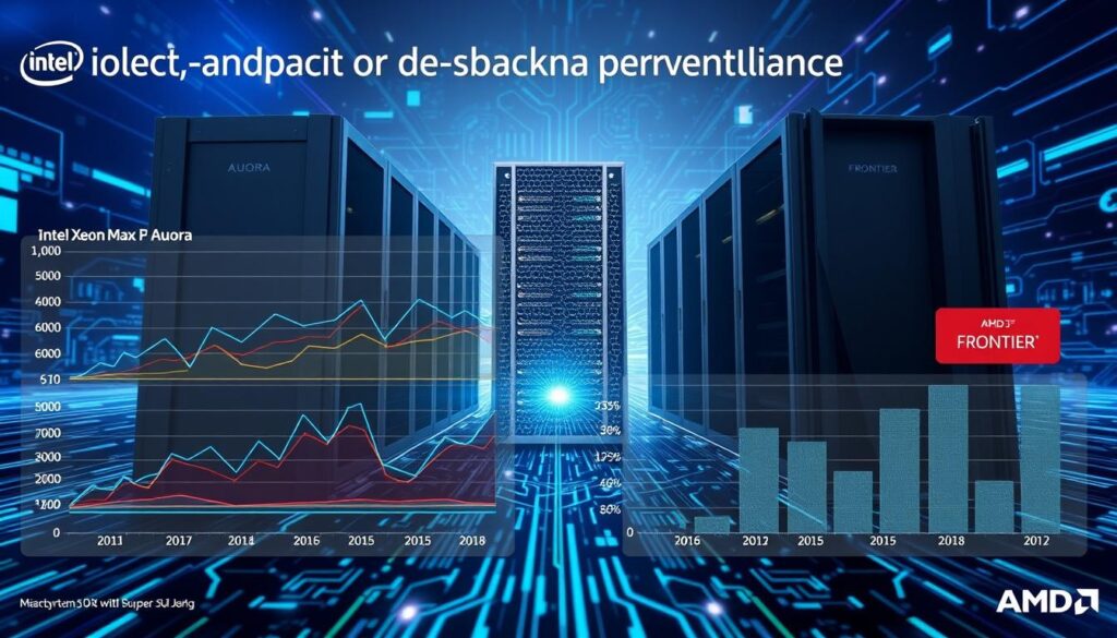 A detailed comparative benchmark performance visualization of two supercomputers: the Intel Xeon Max-based Aurora and AMD's Frontier. In the foreground, dynamic graphs and charts depict performance metrics like processing speed, energy efficiency, and computational power, illustrated with sleek modern design elements. The middle ground features an artistic, split-view render of the two supercomputers: Aurora with its Intel Xeon Max processors on one side, showcasing a futuristic, metallic structure, and Frontier on the other, highlighting its distinctive design. The background includes a digital landscape representing a high-tech environment, with glowing data streams and circuit patterns. Use bright, contrasting colors with a cool, tech-inspired palette. The overall mood is one of innovation and competition, illuminated with soft blue lighting and a slight lens flare effect to add depth.