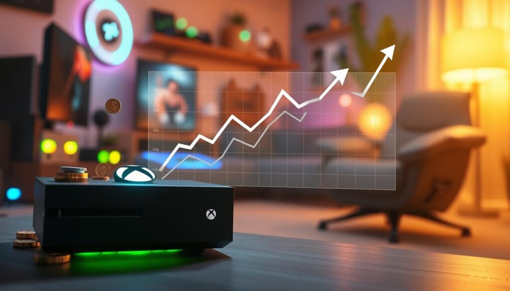 A digital illustration showcasing the concept of "xbox conversion ratio." In the foreground, a sleek Xbox console is prominently displayed, its logo illuminated with a soft glow. Surrounding the console, various gaming currency symbols, like coins and stars, represent the conversion aspect. In the middle ground, a graph chart illustrating conversion rates, with dynamic upward spikes and downward trends, overlays a blurred image of a gaming setup. The background features a cozy gaming room with ambient lighting, hints of colorful LED lights, and a comfortable gaming chair, creating a vibrant atmosphere. The scene is bathed in warm light, suggesting excitement and potential, with a slightly blurred depth of field to focus on the console and the chart.
