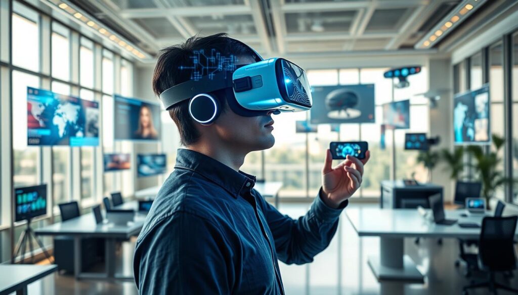 A futuristic workspace showcasing virtual reality and augmented reality technologies. In the foreground, a person wearing a sleek VR headset engages with a holographic interface, surrounded by floating digital displays featuring vibrant graphics. In the middle, various AR devices like smart glasses and interactive surfaces are visible, blending seamlessly into the environment. The background features a modern office with large windows, letting in soft, diffused sunlight that casts a warm glow over the scene. Use a wide-angle lens perspective to enhance depth, capturing both the individual and the surrounding tech. The mood is innovative and inspiring, reflecting the exciting possibilities of the Metaverse, with an emphasis on professionalism and cutting-edge design. A futuristic workspace showcasing virtual reality and augmented reality technologies. In the foreground, a person wearing a sleek VR headset engages with a holographic interface, surrounded by floating digital displays featuring vibrant graphics. In the middle, various AR devices like smart glasses and interactive surfaces are visible, blending seamlessly into the environment. The background features a modern office with large windows, letting in soft, diffused sunlight that casts a warm glow over the scene. Use a wide-angle lens perspective to enhance depth, capturing both the individual and the surrounding tech. The mood is innovative and inspiring, reflecting the exciting possibilities of the Metaverse, with an emphasis on professionalism and cutting-edge design.