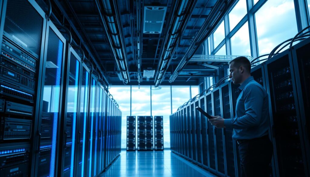 A modern data center interior, showcasing rows of high-performance servers and networking equipment bathed in cool blue LED lighting. In the foreground, a technician in professional business attire inspects a server rack, focused intently on a digital display. The middle section features numerous server racks organized neatly, with cables running along the ceiling, creating a complex, yet orderly environment. The background includes large, floor-to-ceiling windows revealing a cloudy sky, adding a dramatic contrast to the high-tech atmosphere. The overall mood is one of innovation and challenge, highlighting the technological complexity associated with supercomputing infrastructure. Use a slightly elevated angle to capture the depth of the room and emphasize the scale of the data center.