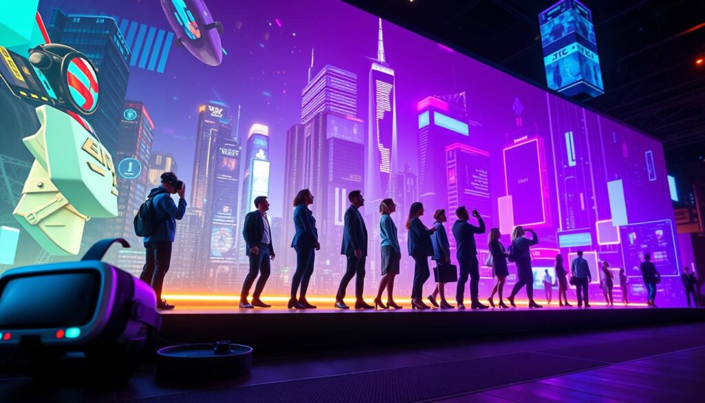 A vivid tableau illustrating the history and evolution of the metaverse, showcasing a timeline concept. In the foreground, a digital representation of early virtual reality headsets and iconic video games, symbolizing the inception of virtual worlds. Transitioning to the middle ground, an array of diverse human figures in professional business attire, engaged in immersive experiences across various technologies such as augmented reality and interactive digital environments. The background features a futuristic cityscape blending physical and digital realms, with neon lights and holograms, representing the advanced state of the metaverse. The scene is bathed in dynamic lighting, creating an energetic atmosphere, viewed from a slight low angle to emphasize depth and innovation. A vivid tableau illustrating the history and evolution of the metaverse, showcasing a timeline concept. In the foreground, a digital representation of early virtual reality headsets and iconic video games, symbolizing the inception of virtual worlds. Transitioning to the middle ground, an array of diverse human figures in professional business attire, engaged in immersive experiences across various technologies such as augmented reality and interactive digital environments. The background features a futuristic cityscape blending physical and digital realms, with neon lights and holograms, representing the advanced state of the metaverse. The scene is bathed in dynamic lighting, creating an energetic atmosphere, viewed from a slight low angle to emphasize depth and innovation.