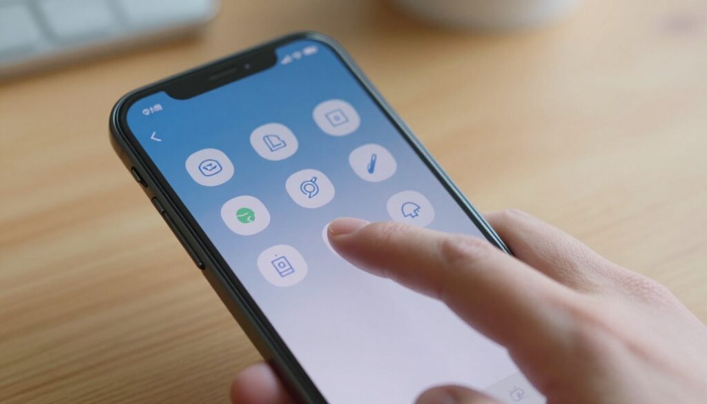 A close-up view of a smartphone screen demonstrating initial troubleshooting steps for a malfunctioning touch screen, depicting a hand gently touching the screen with icons representing settings and tools appearing above. The foreground features a modern smartphone with a sleek design, showcasing a clear, vibrant display. In the middle, a soft-focus background includes a wooden table surface, suggesting a casual yet professional environment. The lighting is bright and natural, casting soft shadows to enhance the clarity of the smartphone. The mood is focused and informative, embodying a sense of calm problem-solving, with a hint of technology. No people are present in the scene, ensuring a clean and straightforward representation of the subject. A close-up view of a smartphone screen demonstrating initial troubleshooting steps for a malfunctioning touch screen, depicting a hand gently touching the screen with icons representing settings and tools appearing above. The foreground features a modern smartphone with a sleek design, showcasing a clear, vibrant display. In the middle, a soft-focus background includes a wooden table surface, suggesting a casual yet professional environment. The lighting is bright and natural, casting soft shadows to enhance the clarity of the smartphone. The mood is focused and informative, embodying a sense of calm problem-solving, with a hint of technology. No people are present in the scene, ensuring a clean and straightforward representation of the subject.